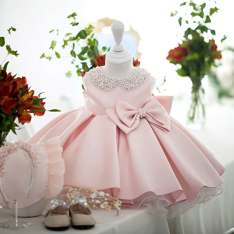 ToddlerWhite Wedding Satin Princess Baby GirDress Bow1Year Birthday Evening Party