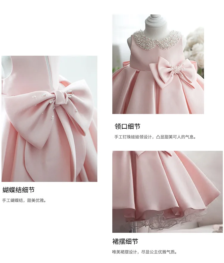 ToddlerWhite Wedding Satin Princess Baby GirDress Bow1Year Birthday Evening Party