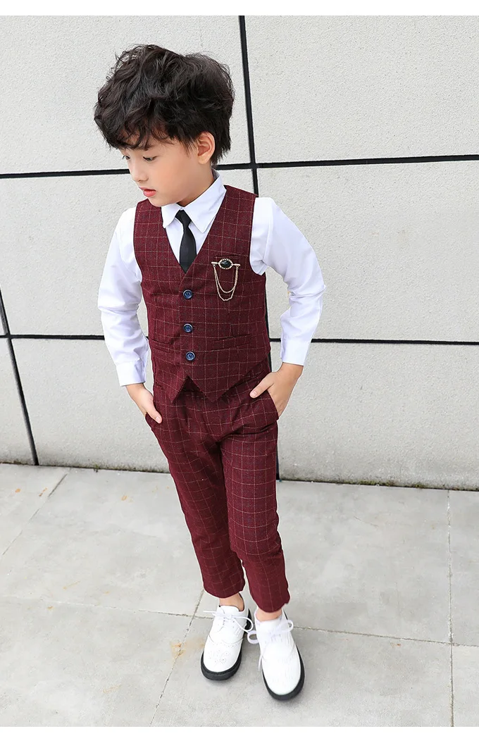 Boy Plaid Vest Blazer Kids Waistcoat Wedding Clothes Set Toddler Formal Dress Suit Child Brooch Shirt Pant Baby Gentlemen Outfit
