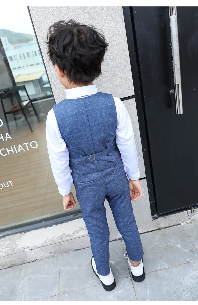 Boy Plaid Vest Blazer Kids Waistcoat Wedding Clothes Set Toddler Formal Dress Suit Child Brooch Shirt Pant Baby Gentlemen Outfit