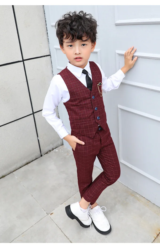 Boy Plaid Vest Blazer Kids Waistcoat Wedding Clothes Set Toddler Formal Dress Suit Child Brooch Shirt Pant Baby Gentlemen Outfit