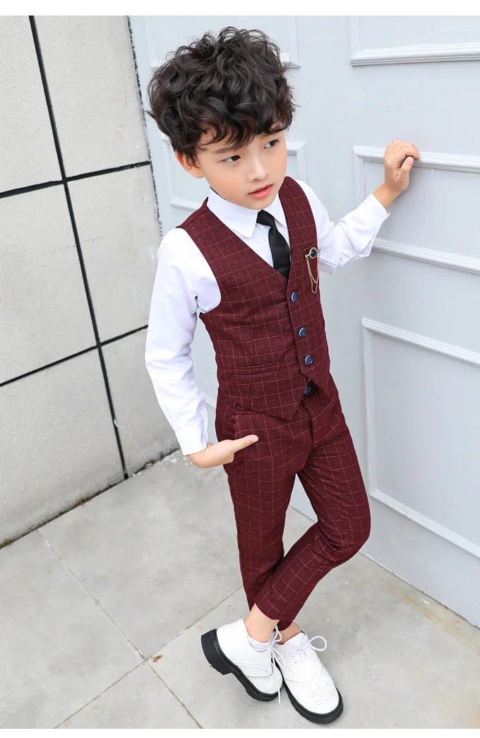 Boy Plaid Vest Blazer Kids Waistcoat Wedding Clothes Set Toddler Formal Dress Suit Child Brooch Shirt Pant Baby Gentlemen Outfit