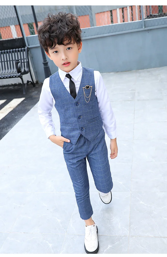 Boy Plaid Vest Blazer Kids Waistcoat Wedding Clothes Set Toddler Formal Dress Suit Child Brooch Shirt Pant Baby Gentlemen Outfit