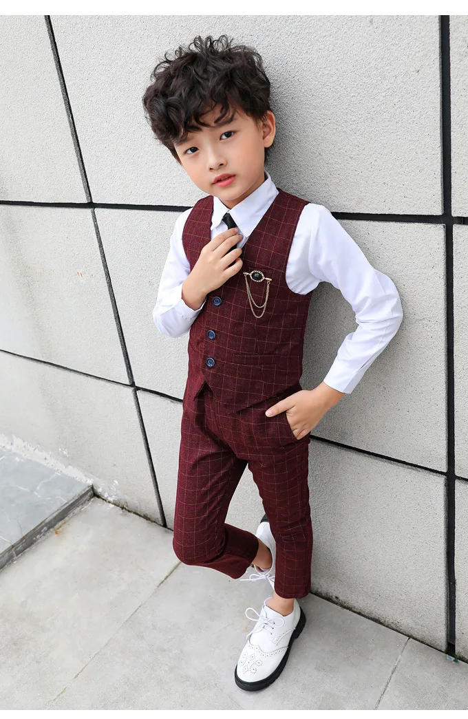 Boy Plaid Vest Blazer Kids Waistcoat Wedding Clothes Set Toddler Formal Dress Suit Child Brooch Shirt Pant Baby Gentlemen Outfit