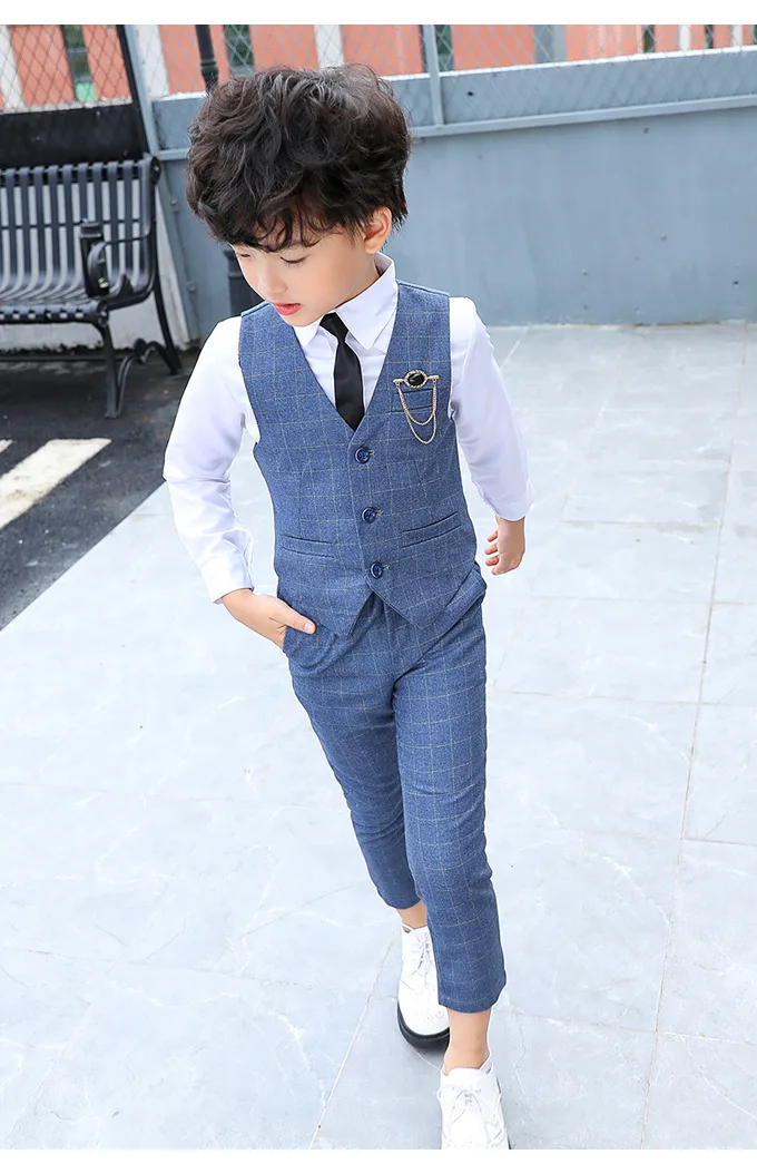 Boy Plaid Vest Blazer Kids Waistcoat Wedding Clothes Set Toddler Formal Dress Suit Child Brooch Shirt Pant Baby Gentlemen Outfit
