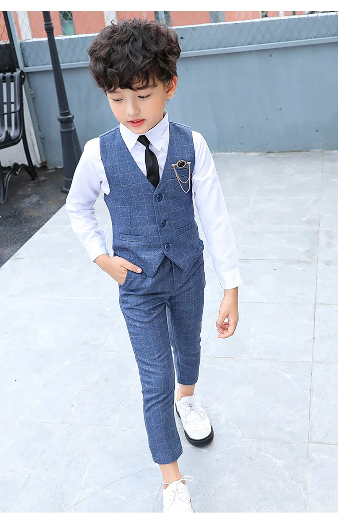 Boy Plaid Vest Blazer Kids Waistcoat Wedding Clothes Set Toddler Formal Dress Suit Child Brooch Shirt Pant Baby Gentlemen Outfit