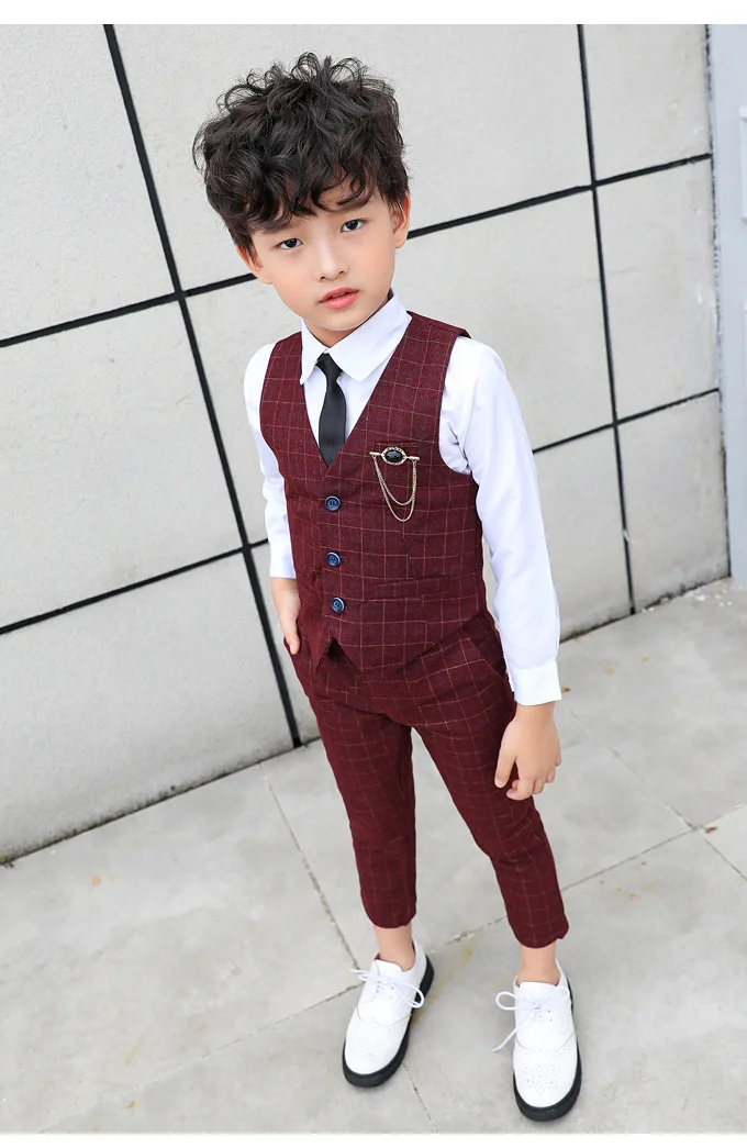 Boy Plaid Vest Blazer Kids Waistcoat Wedding Clothes Set Toddler Formal Dress Suit Child Brooch Shirt Pant Baby Gentlemen Outfit