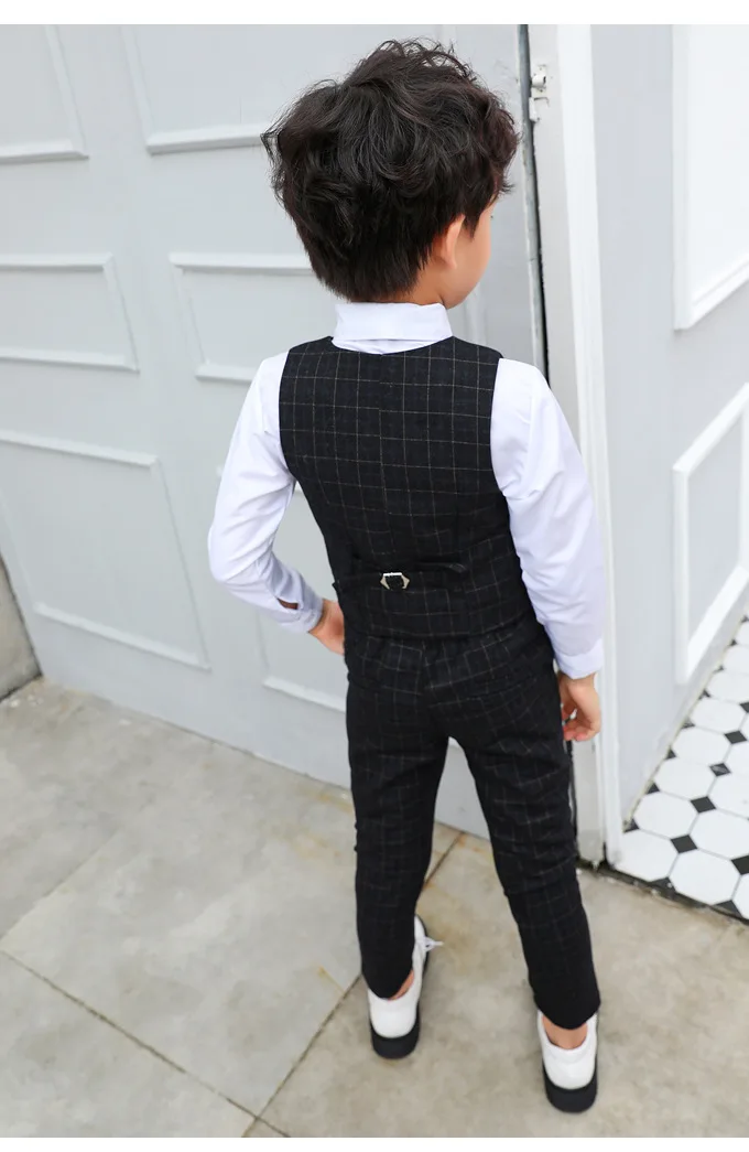 Boy Plaid Vest Blazer Kids Waistcoat Wedding Clothes Set Toddler Formal Dress Suit Child Brooch Shirt Pant Baby Gentlemen Outfit