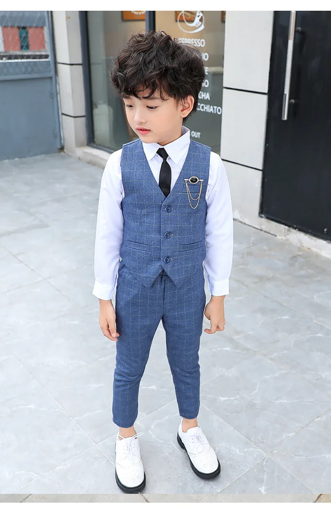 Boy Plaid Vest Blazer Kids Waistcoat Wedding Clothes Set Toddler Formal Dress Suit Child Brooch Shirt Pant Baby Gentlemen Outfit