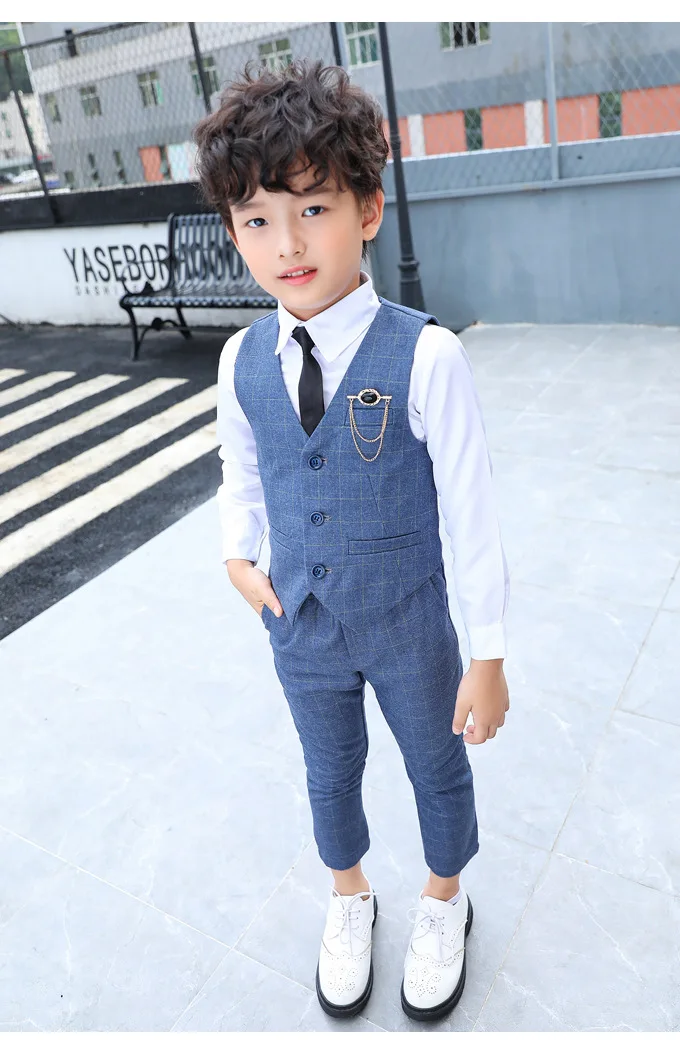 Boy Plaid Vest Blazer Kids Waistcoat Wedding Clothes Set Toddler Formal Dress Suit Child Brooch Shirt Pant Baby Gentlemen Outfit