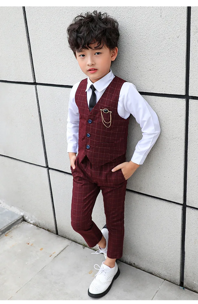 Boy Plaid Vest Blazer Kids Waistcoat Wedding Clothes Set Toddler Formal Dress Suit Child Brooch Shirt Pant Baby Gentlemen Outfit