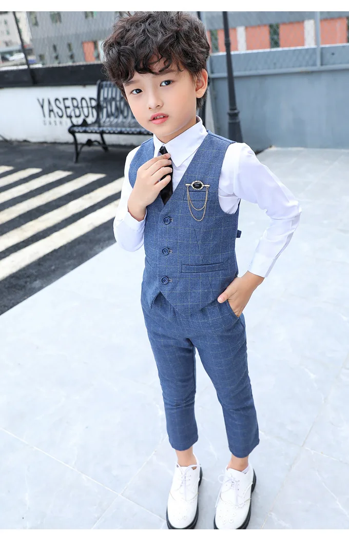 Boy Plaid Vest Blazer Kids Waistcoat Wedding Clothes Set Toddler Formal Dress Suit Child Brooch Shirt Pant Baby Gentlemen Outfit