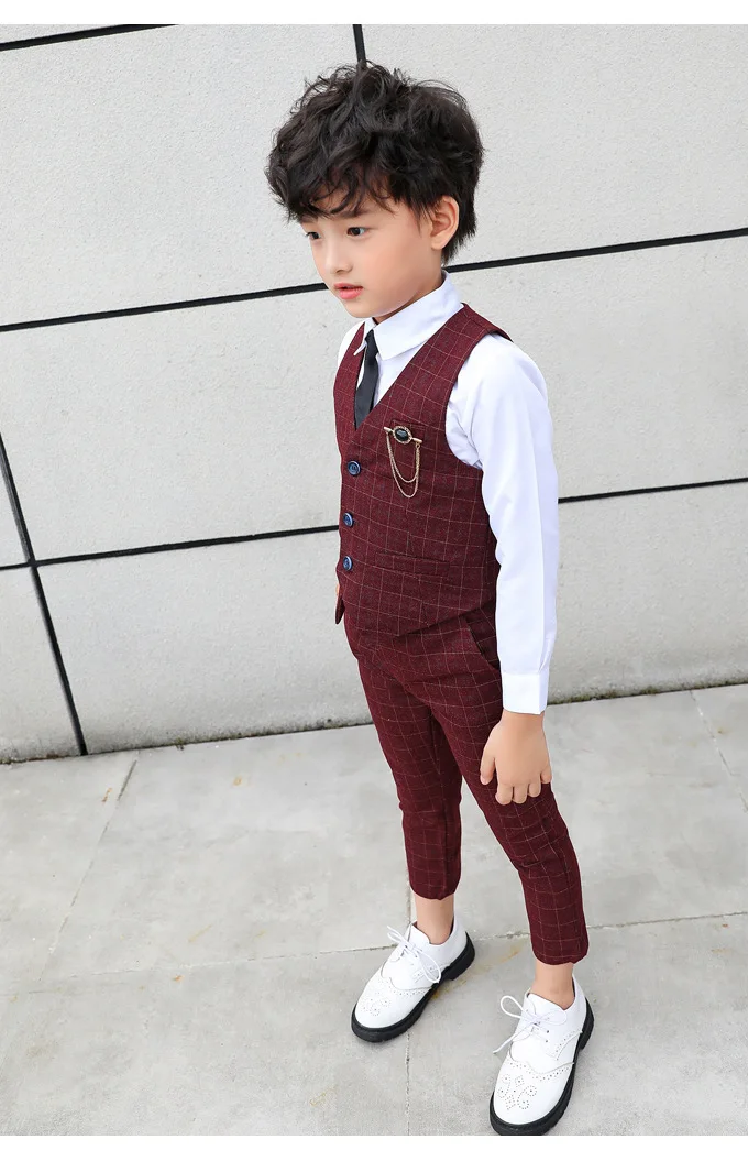 Boy Plaid Vest Blazer Kids Waistcoat Wedding Clothes Set Toddler Formal Dress Suit Child Brooch Shirt Pant Baby Gentlemen Outfit