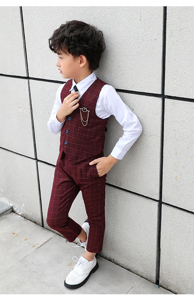 Boy Plaid Vest Blazer Kids Waistcoat Wedding Clothes Set Toddler Formal Dress Suit Child Brooch Shirt Pant Baby Gentlemen Outfit