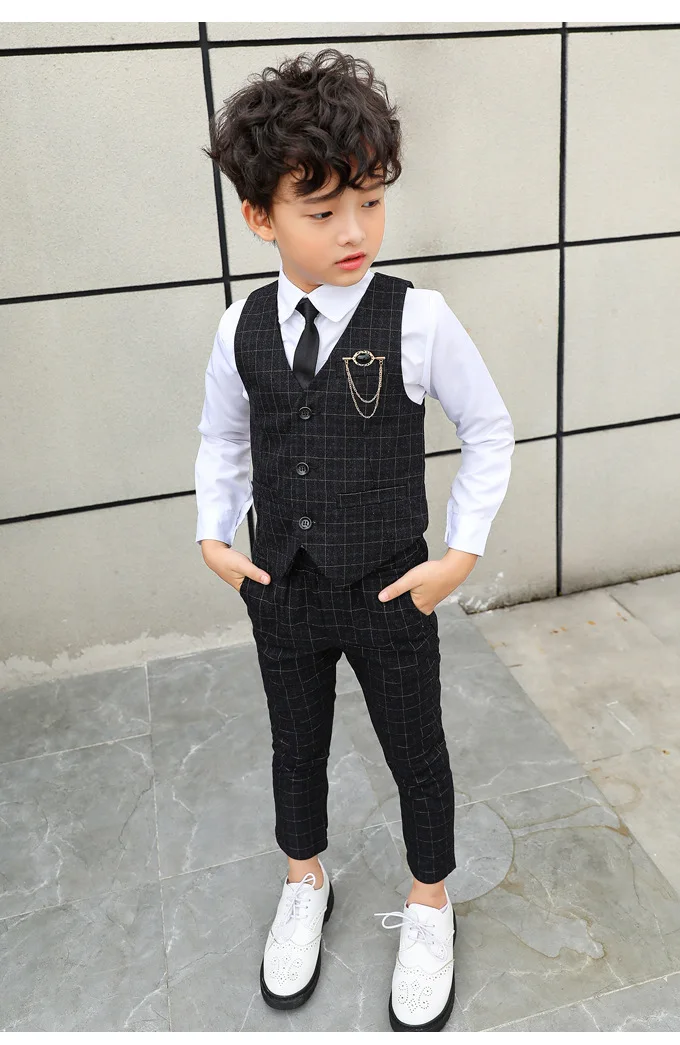 Boy Plaid Vest Blazer Kids Waistcoat Wedding Clothes Set Toddler Formal Dress Suit Child Brooch Shirt Pant Baby Gentlemen Outfit