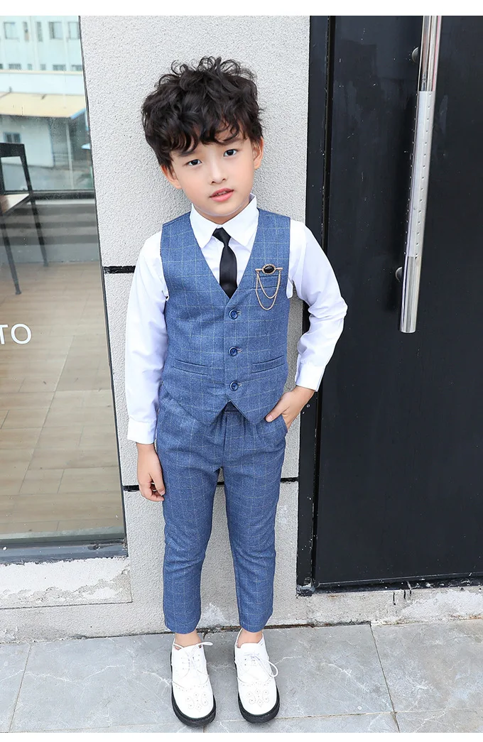 Boy Plaid Vest Blazer Kids Waistcoat Wedding Clothes Set Toddler Formal Dress Suit Child Brooch Shirt Pant Baby Gentlemen Outfit