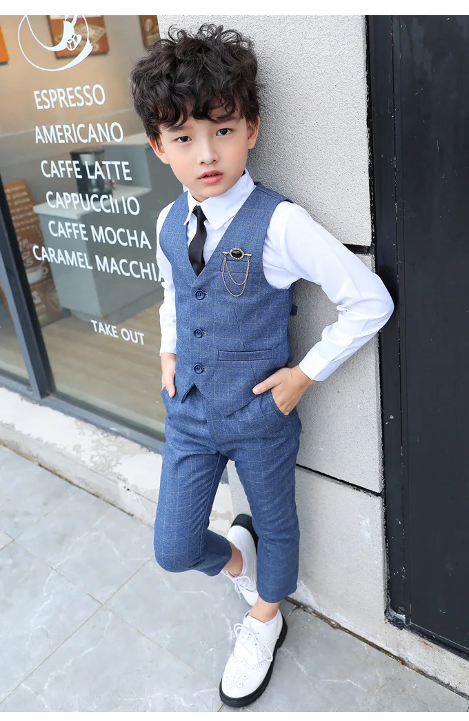 Boy Plaid Vest Blazer Kids Waistcoat Wedding Clothes Set Toddler Formal Dress Suit Child Brooch Shirt Pant Baby Gentlemen Outfit
