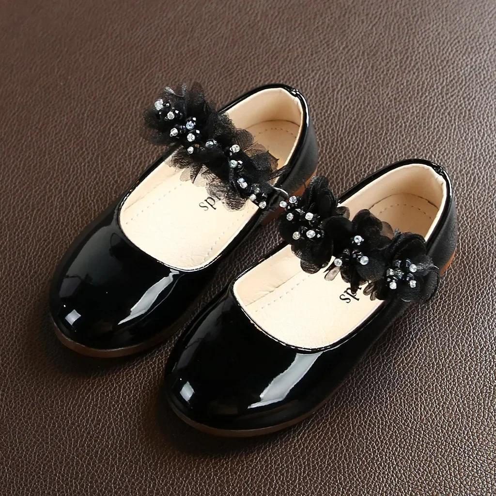Toddler Infant Kids Girl Lace Crystal Bright Princess Party Leather Shoe Dance Shoe Solid Hook & Loop Children's Shoes For Girls