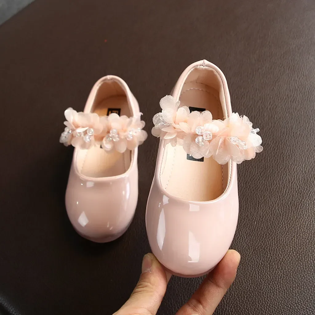 Toddler Infant Kids Girl Lace Crystal Bright Princess Party Leather Shoe Dance Shoe Solid Hook & Loop Children's Shoes For Girls