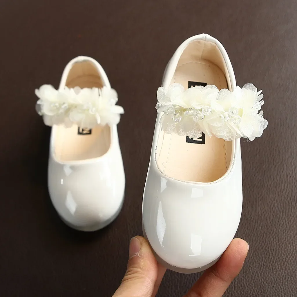 Toddler Infant Kids Girl Lace Crystal Bright Princess Party Leather Shoe Dance Shoe Solid Hook & Loop Children's Shoes For Girls