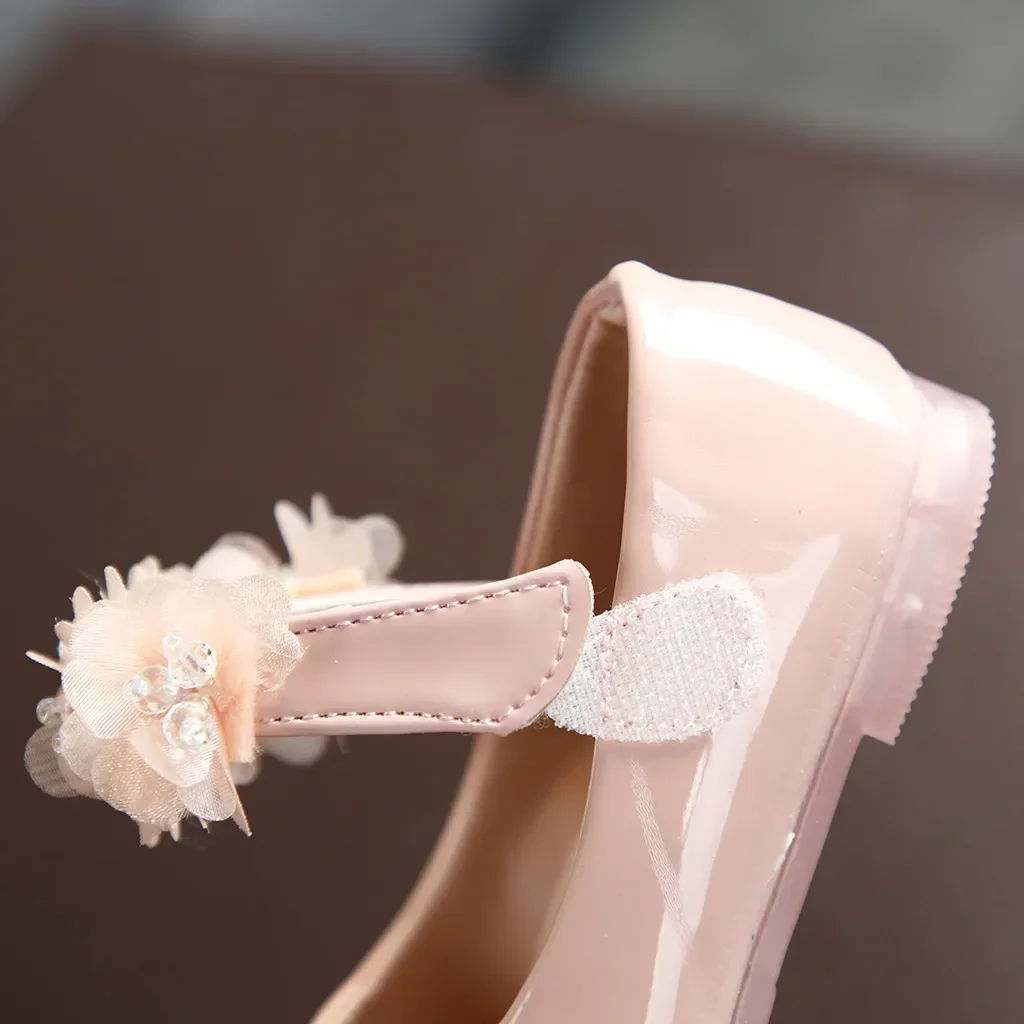 Toddler Infant Kids Girl Lace Crystal Bright Princess Party Leather Shoe Dance Shoe Solid Hook & Loop Children's Shoes For Girls