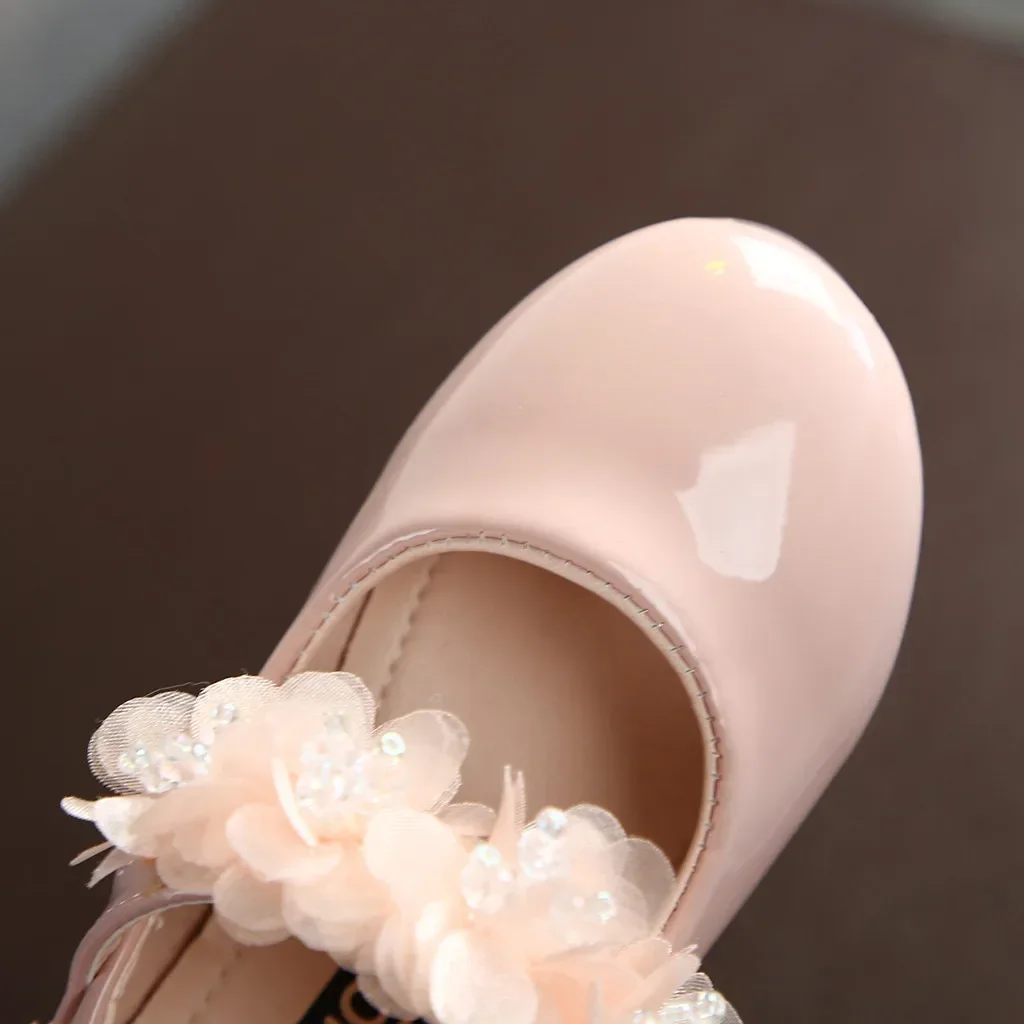 Toddler Infant Kids Girl Lace Crystal Bright Princess Party Leather Shoe Dance Shoe Solid Hook & Loop Children's Shoes For Girls