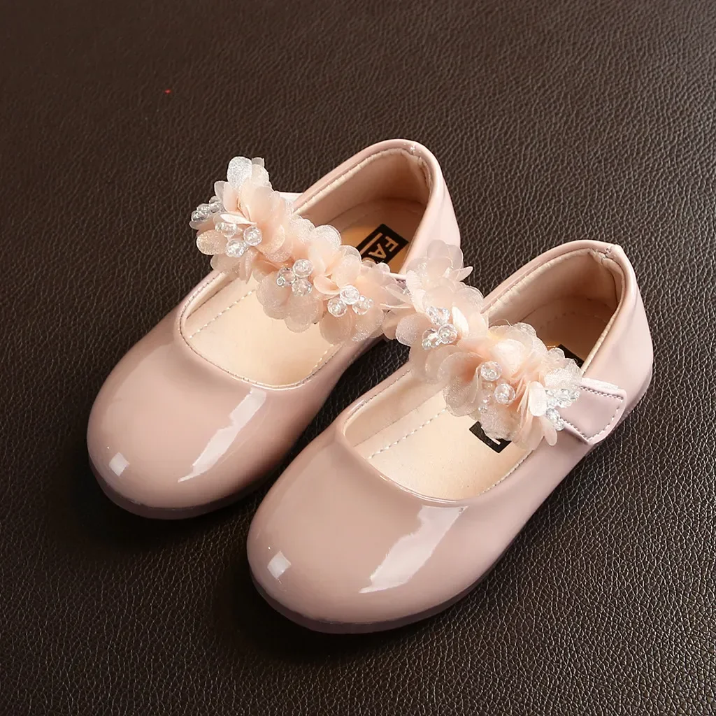 Toddler Infant Kids Girl Lace Crystal Bright Princess Party Leather Shoe Dance Shoe Solid Hook & Loop Children's Shoes For Girls