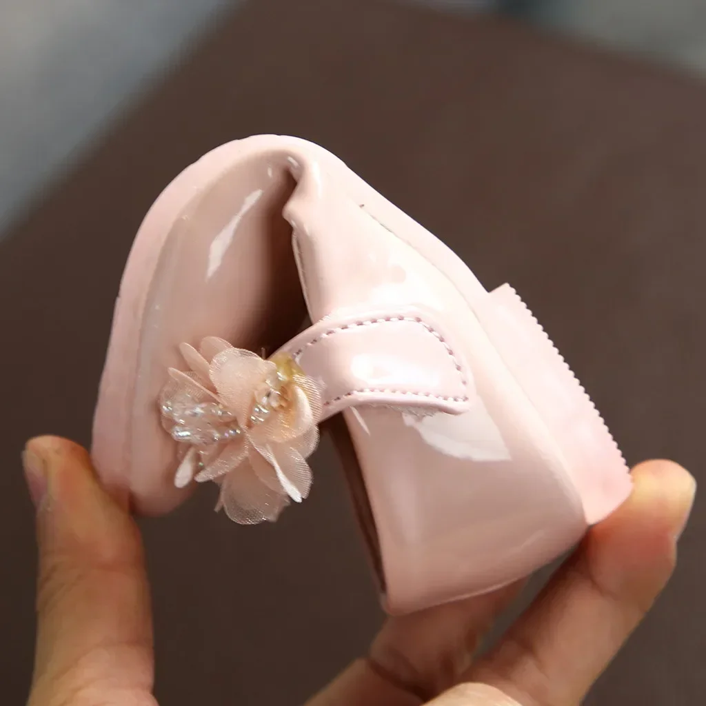 Toddler Infant Kids Girl Lace Crystal Bright Princess Party Leather Shoe Dance Shoe Solid Hook & Loop Children's Shoes For Girls
