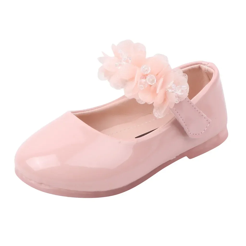 Toddler Infant Kids Girl Lace Crystal Bright Princess Party Leather Shoe Dance Shoe Solid Hook & Loop Children's Shoes For Girls