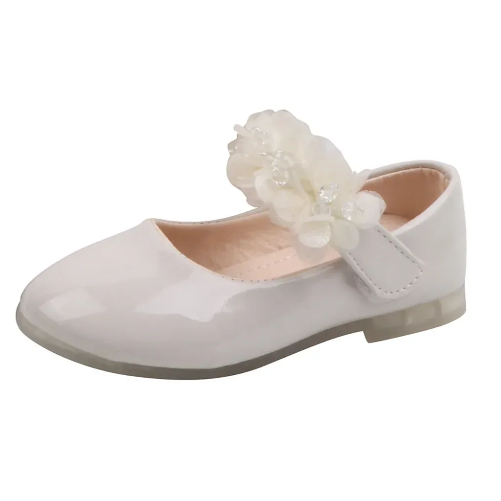 Toddler Infant Kids Girl Lace Crystal Bright Princess Party Leather Shoe Dance Shoe Solid Hook & Loop Children's Shoes For Girls