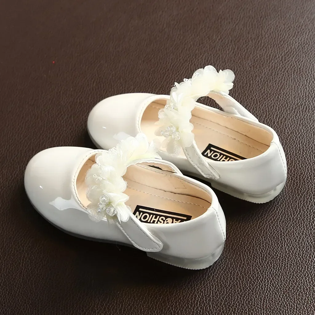 Toddler Infant Kids Girl Lace Crystal Bright Princess Party Leather Shoe Dance Shoe Solid Hook & Loop Children's Shoes For Girls