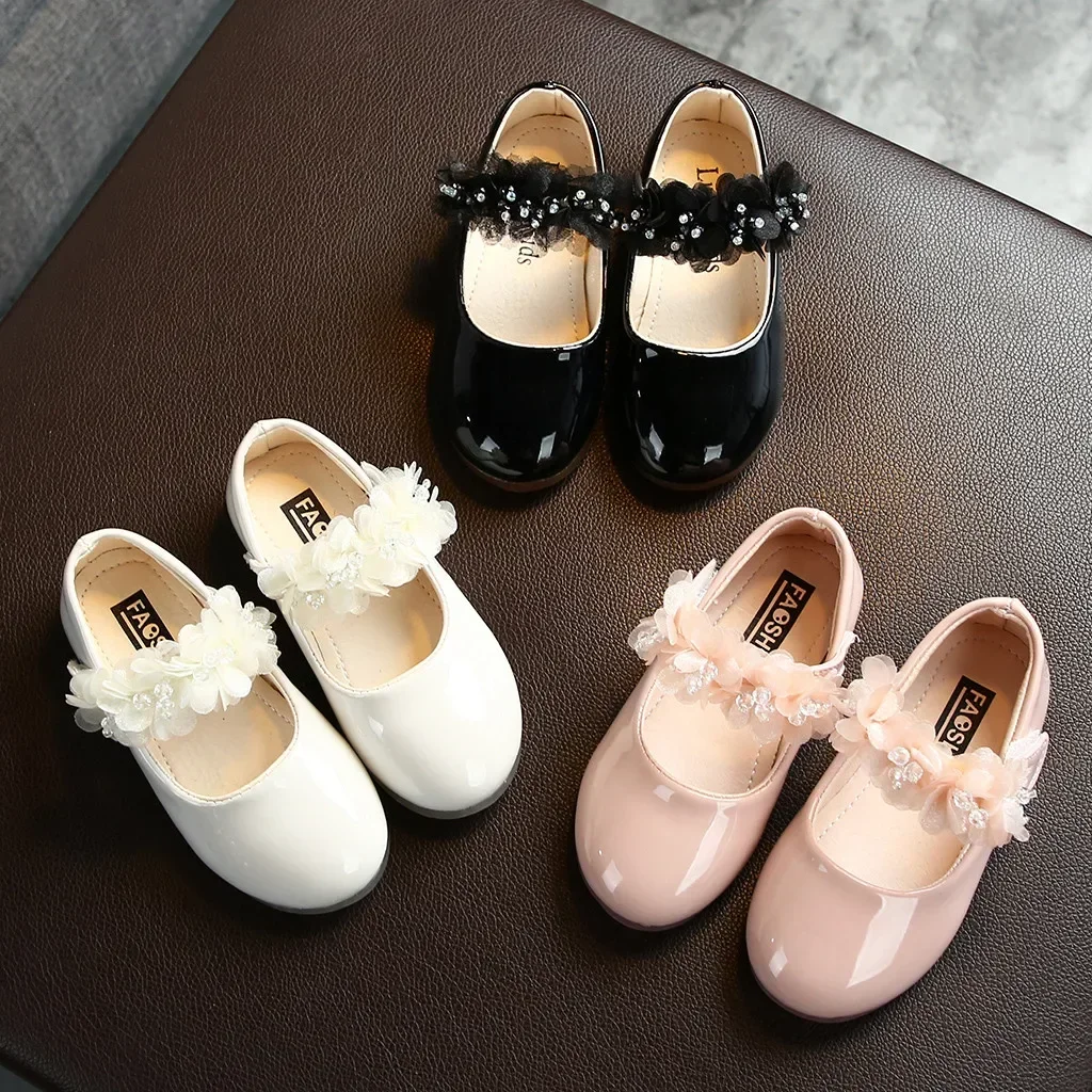 Toddler Infant Kids Girl Lace Crystal Bright Princess Party Leather Shoe Dance Shoe Solid Hook & Loop Children's Shoes For Girls