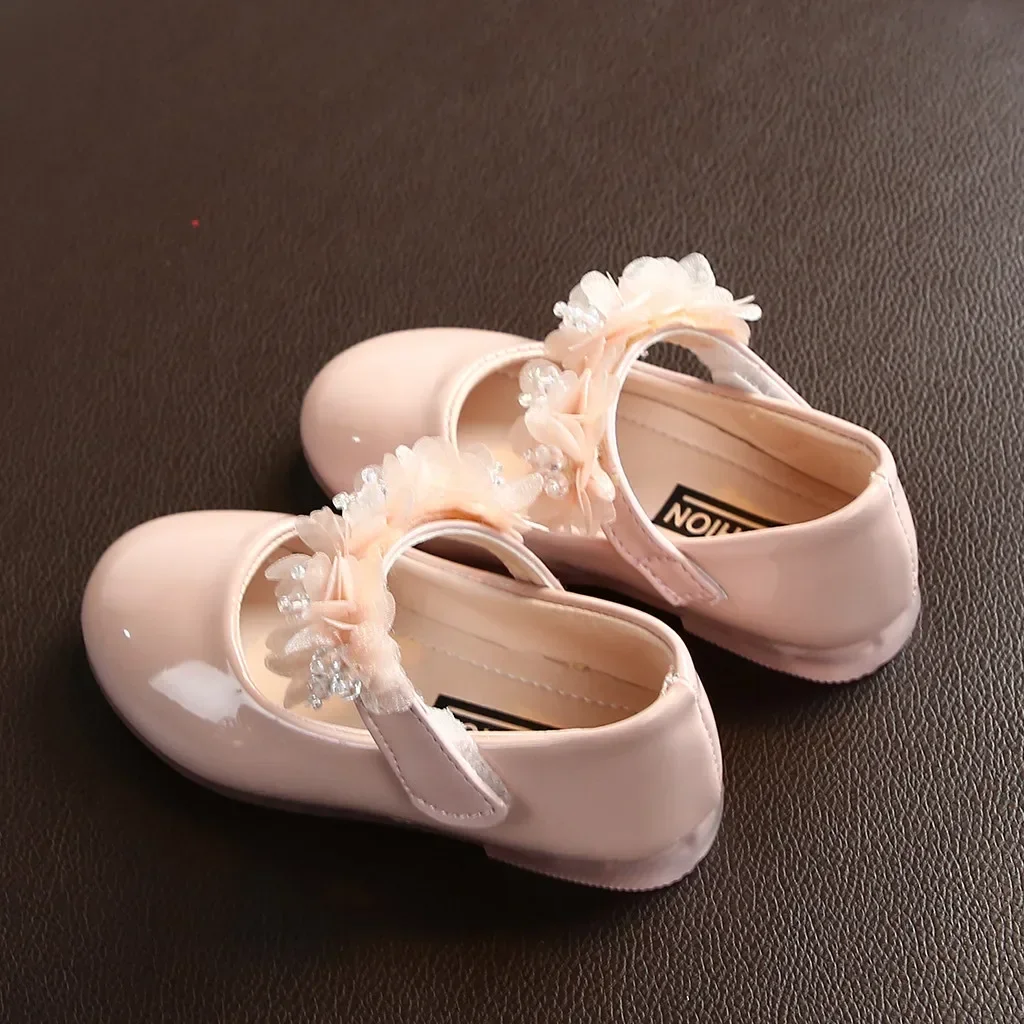 Toddler Infant Kids Girl Lace Crystal Bright Princess Party Leather Shoe Dance Shoe Solid Hook & Loop Children's Shoes For Girls