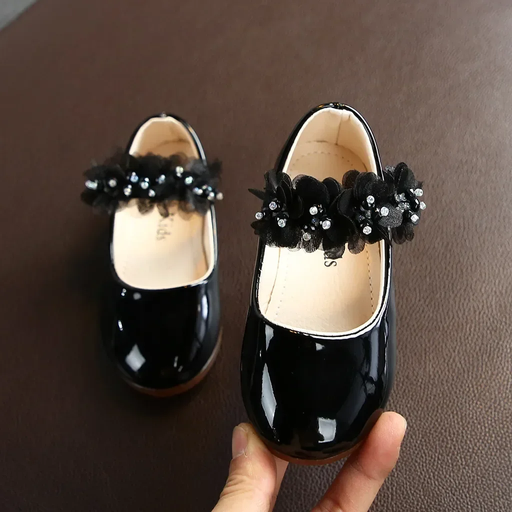 Toddler Infant Kids Girl Lace Crystal Bright Princess Party Leather Shoe Dance Shoe Solid Hook & Loop Children's Shoes For Girls