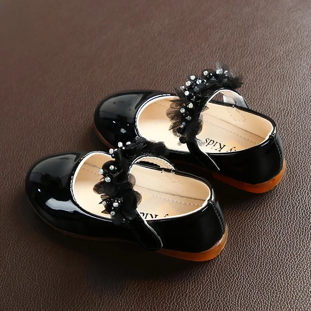 Toddler Infant Kids Girl Lace Crystal Bright Princess Party Leather Shoe Dance Shoe Solid Hook & Loop Children's Shoes For Girls