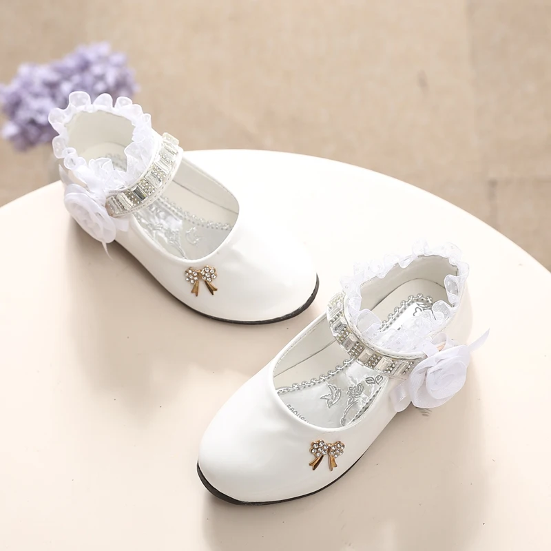 Children's Shoes For Girl Spring New Princess Lace Leather Shoes Fashion Cute Bow Rhinestone Wedding Shoes Student Party Dance