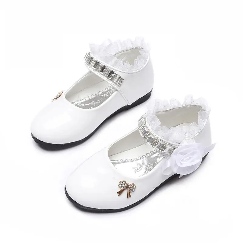 Children's Shoes For Girl Spring New Princess Lace Leather Shoes Fashion Cute Bow Rhinestone Wedding Shoes Student Party Dance