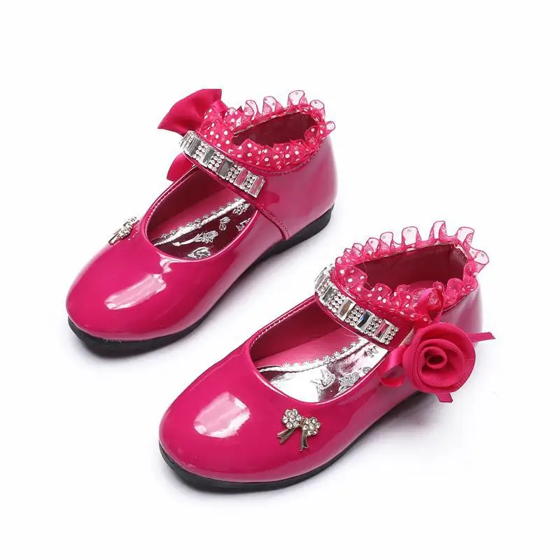 Children's Shoes For Girl Spring New Princess Lace Leather Shoes Fashion Cute Bow Rhinestone Wedding Shoes Student Party Dance