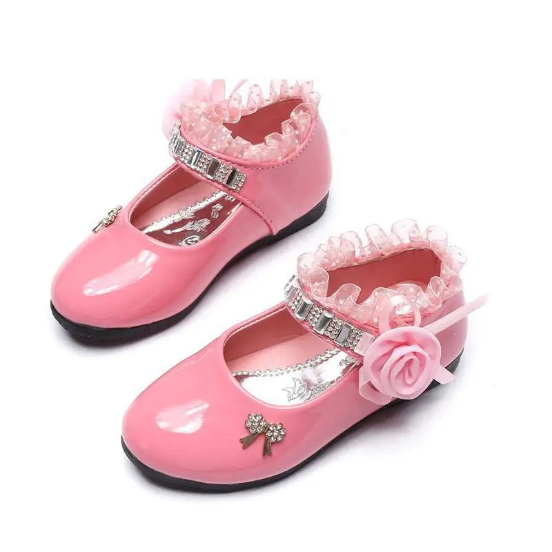 Children's Shoes For Girl Spring New Princess Lace Leather Shoes Fashion Cute Bow Rhinestone Wedding Shoes Student Party Dance