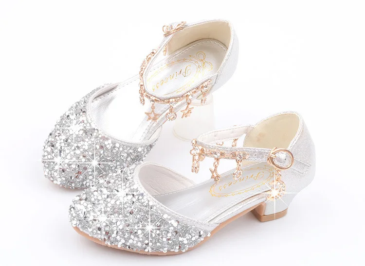 Fashion Kid Leather Shoe 2023 Summer Sequin Princess Shoe Crystal High Heel Sandals Kid Shoes Girl Dresses Mary Jane Girl Shoes