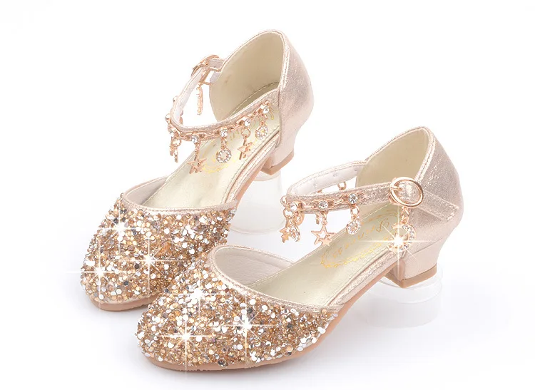 Fashion Kid Leather Shoe 2023 Summer Sequin Princess Shoe Crystal High Heel Sandals Kid Shoes Girl Dresses Mary Jane Girl Shoes