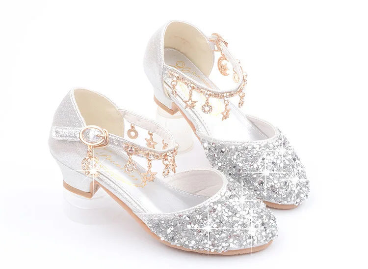 Fashion Kid Leather Shoe 2023 Summer Sequin Princess Shoe Crystal High Heel Sandals Kid Shoes Girl Dresses Mary Jane Girl Shoes