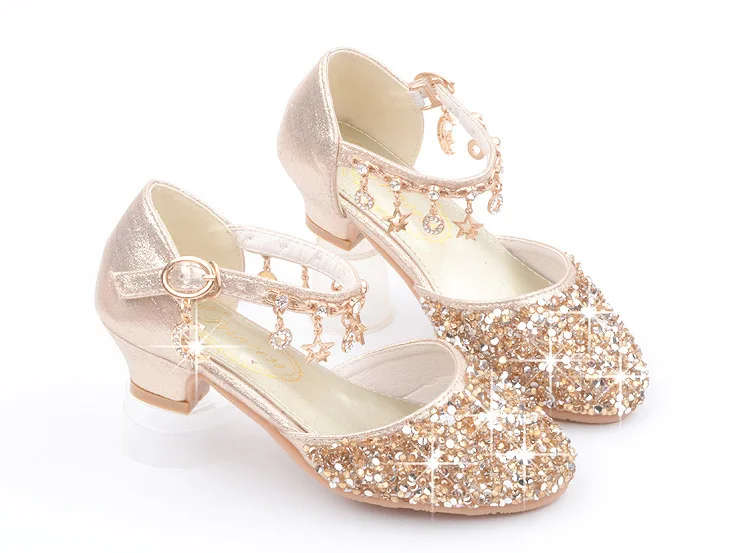 Fashion Kid Leather Shoe 2023 Summer Sequin Princess Shoe Crystal High Heel Sandals Kid Shoes Girl Dresses Mary Jane Girl Shoes
