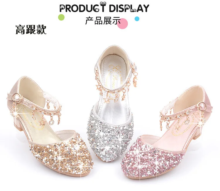 Fashion Kid Leather Shoe 2023 Summer Sequin Princess Shoe Crystal High Heel Sandals Kid Shoes Girl Dresses Mary Jane Girl Shoes