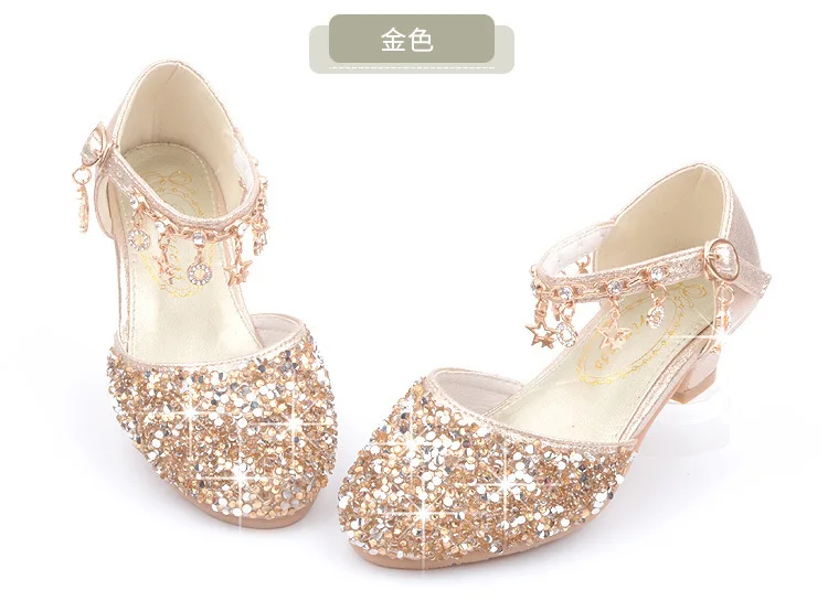 Fashion Kid Leather Shoe 2023 Summer Sequin Princess Shoe Crystal High Heel Sandals Kid Shoes Girl Dresses Mary Jane Girl Shoes
