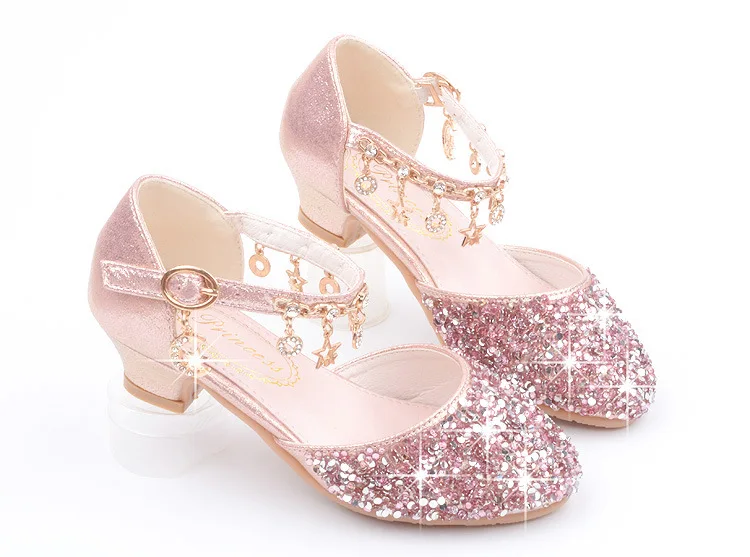 Fashion Kid Leather Shoe 2023 Summer Sequin Princess Shoe Crystal High Heel Sandals Kid Shoes Girl Dresses Mary Jane Girl Shoes
