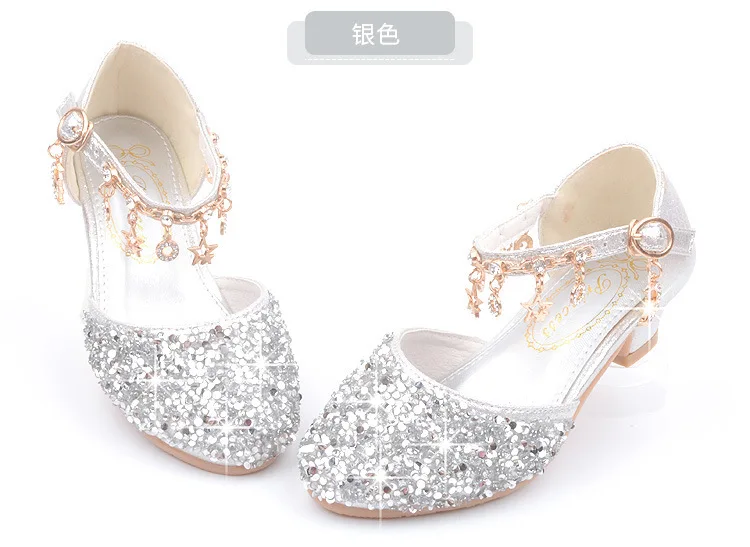 Fashion Kid Leather Shoe 2023 Summer Sequin Princess Shoe Crystal High Heel Sandals Kid Shoes Girl Dresses Mary Jane Girl Shoes