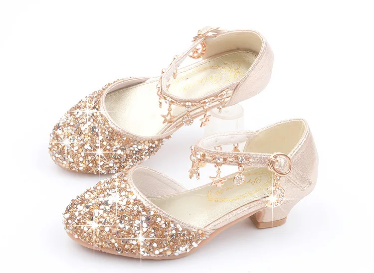 Fashion Kid Leather Shoe 2023 Summer Sequin Princess Shoe Crystal High Heel Sandals Kid Shoes Girl Dresses Mary Jane Girl Shoes