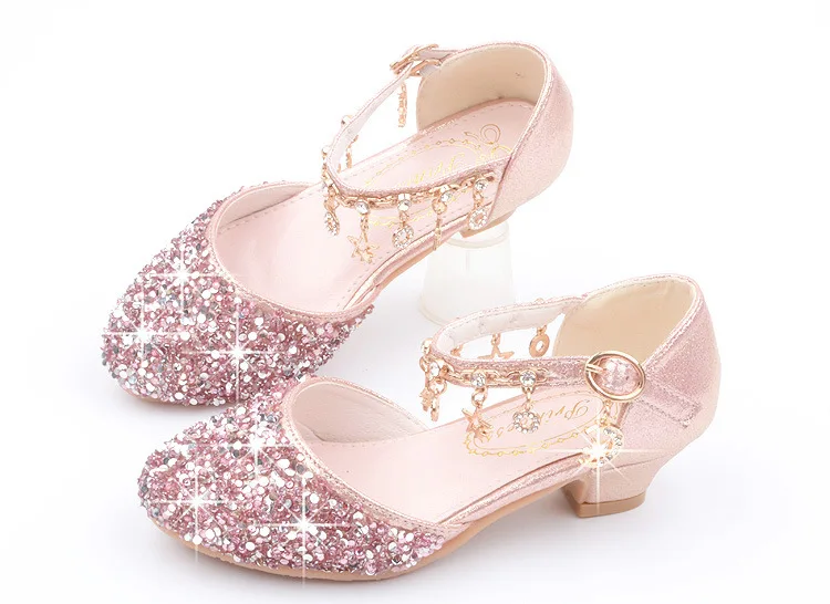 Fashion Kid Leather Shoe 2023 Summer Sequin Princess Shoe Crystal High Heel Sandals Kid Shoes Girl Dresses Mary Jane Girl Shoes