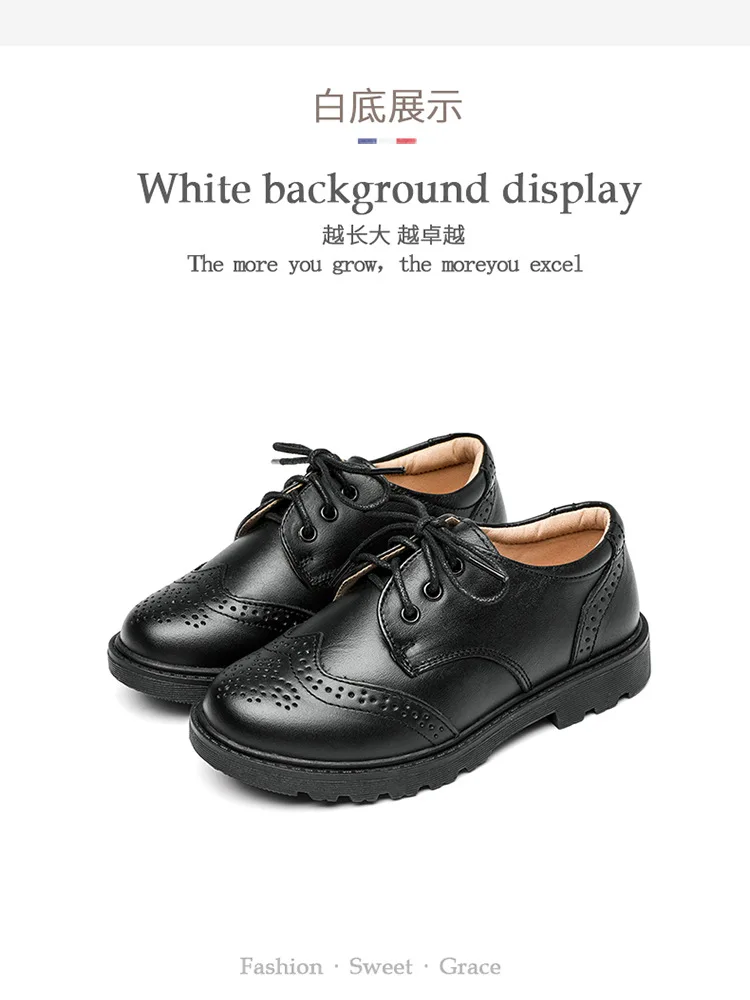 British Style Boys' Black Genuine Leather Brogue Shoes Classic Design for School and Party